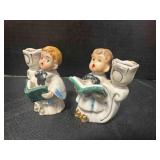2 Ceramic Christmas Choir Boys Candle Holders 3"
