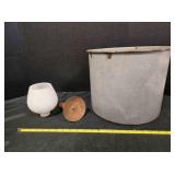 Enameled canning pot, lamp globe, hog scraper