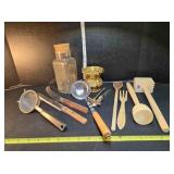 Kitchenware; knives, sieve, ladle, wooden utensils