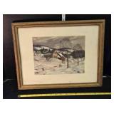 Landscape print in wood frame & calendar