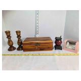 Cedar jewelry box, candlesticks, ceramic figures
