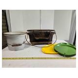 Cast iron camp stove, Enameled bucket, camp trays
