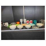 Milk glass, dishes, bowls, juicer, pitcher, mugs