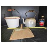 Enameled bucket, kettle, dustpan, souvenir bottle