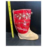 Antique Christmas Shoe Stocking, vinyl top, suede