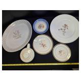 Gold-trimmed platter, plates, saucers, sugar bowl