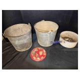 2 Dairy pails, enameled pan , trivet