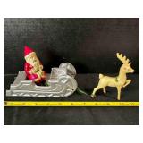 3 Celluloid pcs, Santa, Reindeer & Sleigh, very