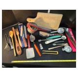 Kitchenware: Wooden spoons, knife, spatula, zester
