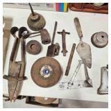 Wood box, farm tools; oil can, hinges, magnets