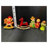 2 rubber molded Christmas Ornaments, wood rocking