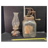 Vintage butter churn & oil lamp