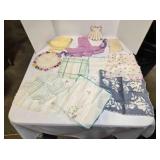 Bonnet, wrist purse, crocheted doll dress, hankies