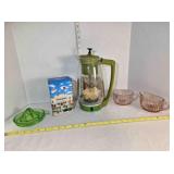 Coffee percolator, tin, juicer, sugar & creamer