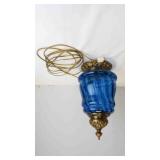 Antique Victorian Blue Swirl Glass Hanging Lamp
