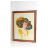 Vintage Lady in Black Hat w/ Gold Feather Artwork