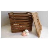 Antique Slatted Wooden Egg Carrier w/ Plastic Eggs