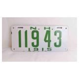 1915 New Hampshire Porcelain White License Plate