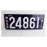 1911 Massachusetts Porcelain Blue License Plate w/