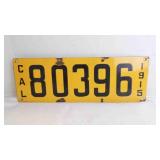 1915 California Porcelain Yellow License Plate w/