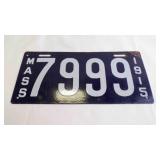 1915 Massachusetts Porcelain Blue License Plate w/