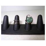 2 Silver Tone Boho Rings 1 with Green Rock Wire