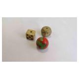 Vintage Glass Marble & 2 Aged Dices w/Black Pips