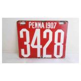 1907 Pennsylvania Porcelain Red License Plate w/