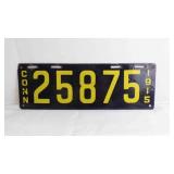 1915 Connecticut Porcelain Black License Plate w/