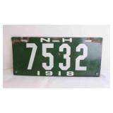 1918 New Hampshire Porcelain Green License Plate