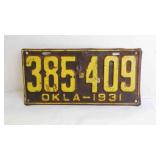 1931 Oklahoma Steel Metal Black License Plate w/