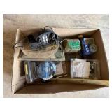 Box of misc. items fountain pump, hack saw