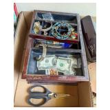 jewelry box and misc. pins, etc
