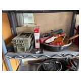 Contents of shelf, oil change pan, Weber grill