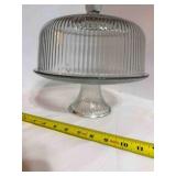 covered glass cake plate still in box