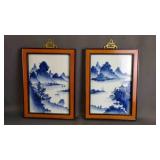 2 Framed Hand-Painted Blue/White Porcelain Art