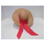 Open Weave Straw Wide Floppy Brim Sun Hat w/Red