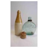 3 Antique Stoneware Pottery & Glass Vessels