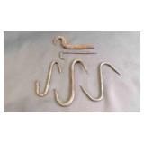 5 Antique Hand-Forged Wrought Iron Hooks & Tongs