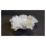 Vintage Milk Glass & Crystal Crest Ruffled Bowl