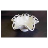 Vintage Milk Glass Open Lace Ruffled Bowl