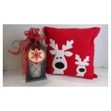 2 Festive Themed X-Mas Throw Pillow & Lantern