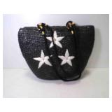 Black Woven Straw Purse  White Flower Design