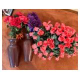 Artificial Flowers and 2 metal vases