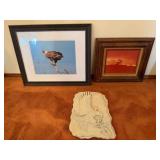 2 Framed Farm Pictures, Plaster Eagle Wall