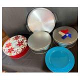 3 Tins, 7 plastic plates, metal tray