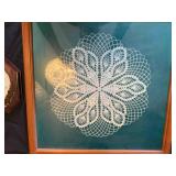 Two Pictures: Framed Doily & Framed Cross-Stitch