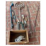 Yard tools, wood box, yard sprinkler