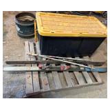 Plastic Tote, pool liner, Snow skis and poles