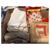 Kitchen towels, pot holders and Coffee pot